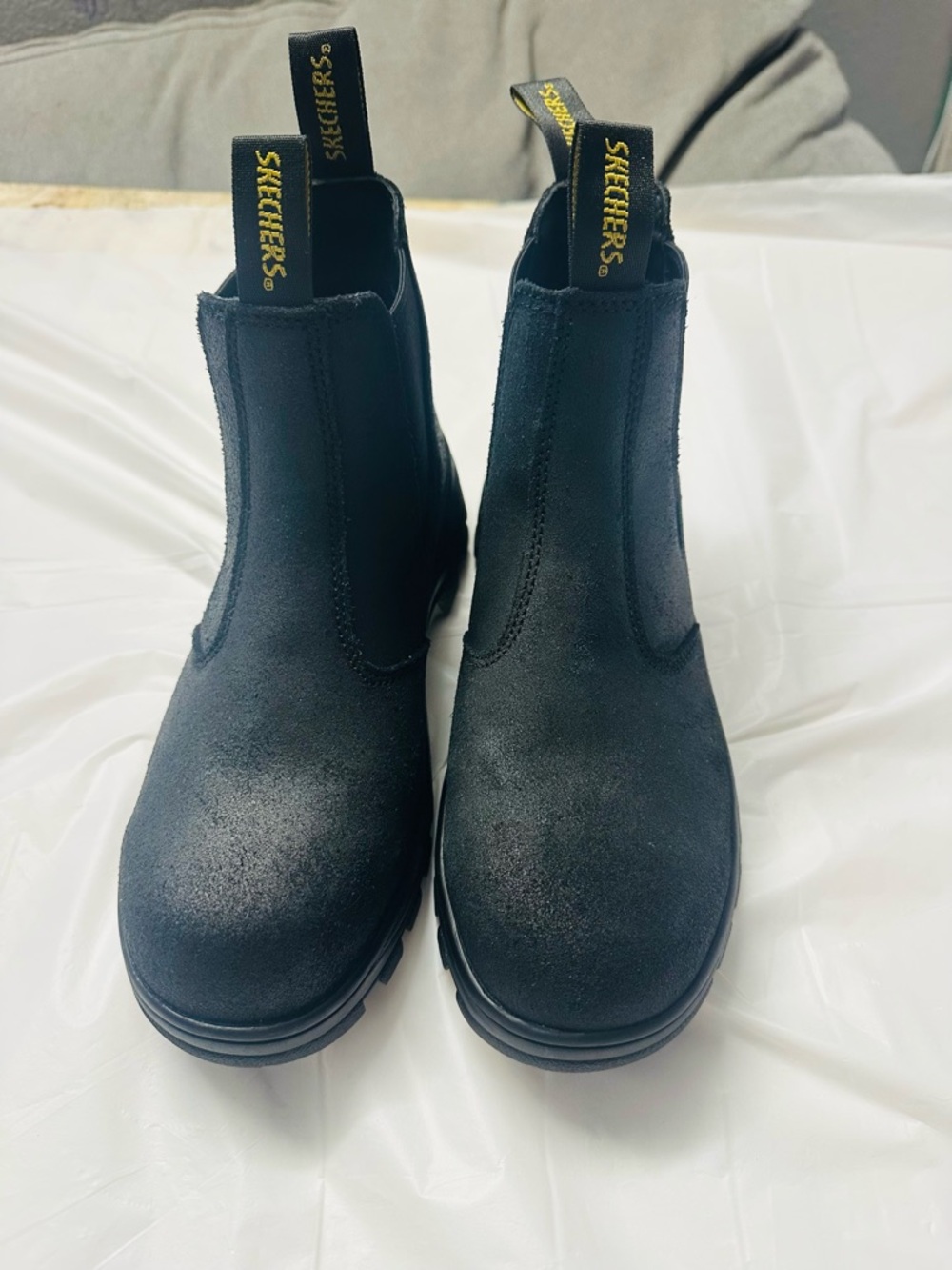 Skechers Black Chelsea Slip-On Work Boots with Yellow Pull Tabs
